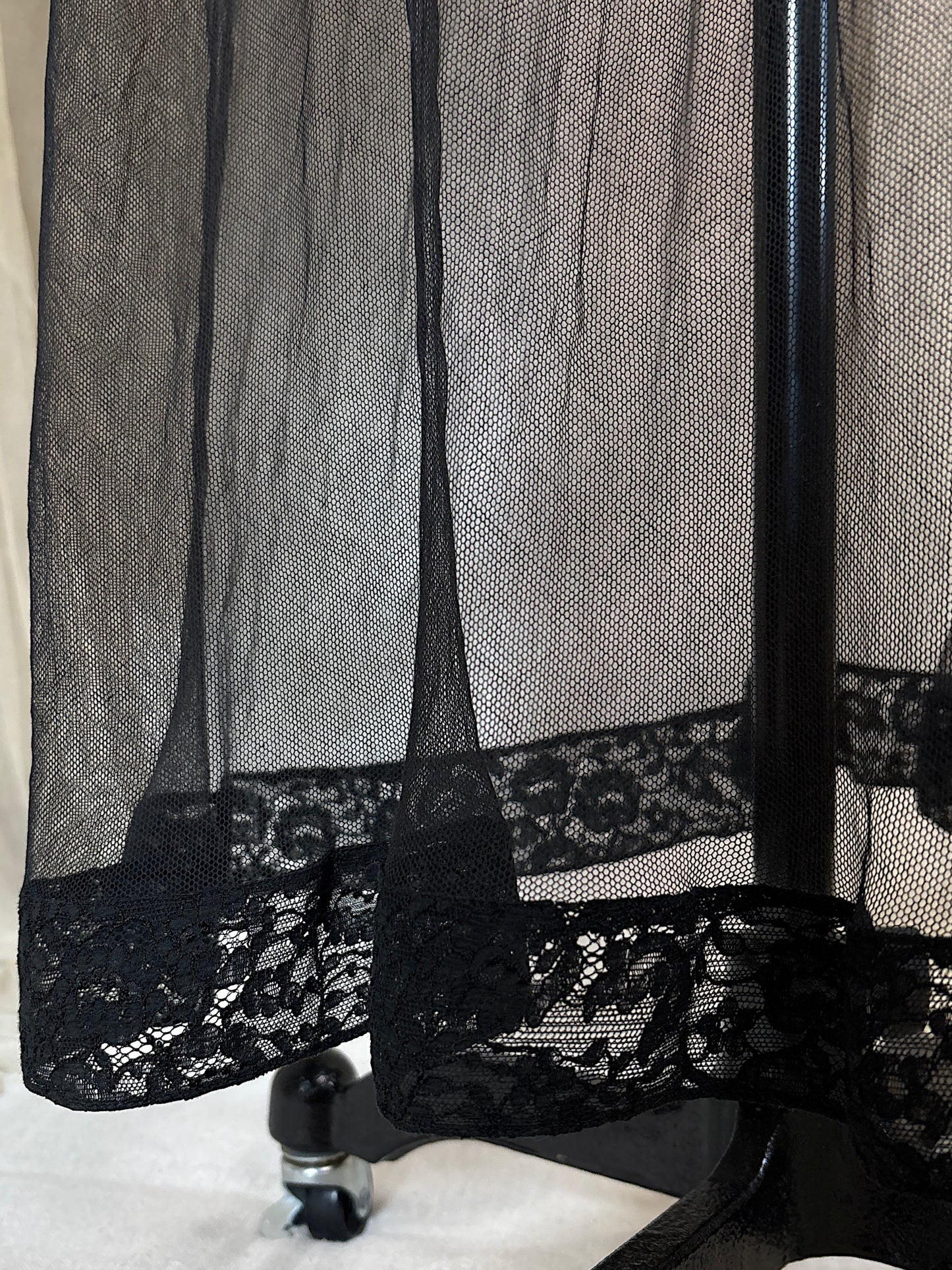 Vintage 1940's Nightgown - Sheer Black Cotton Tulle with Floral Lace & Button Back Closure by Beau Monde | XS, S
