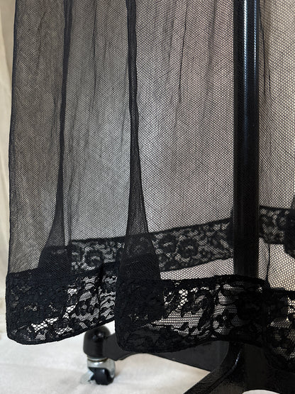 Vintage 1940's Nightgown - Sheer Black Cotton Tulle with Floral Lace & Button Back Closure by Beau Monde | XS, S