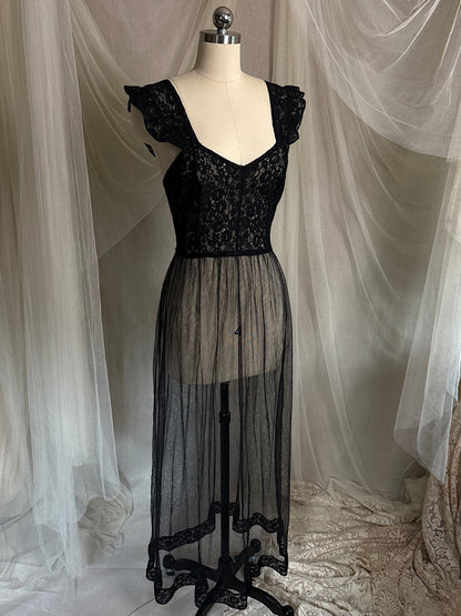 Vintage 1940's Nightgown - Sheer Black Cotton Tulle with Floral Lace & Button Back Closure by Beau Monde | XS, S