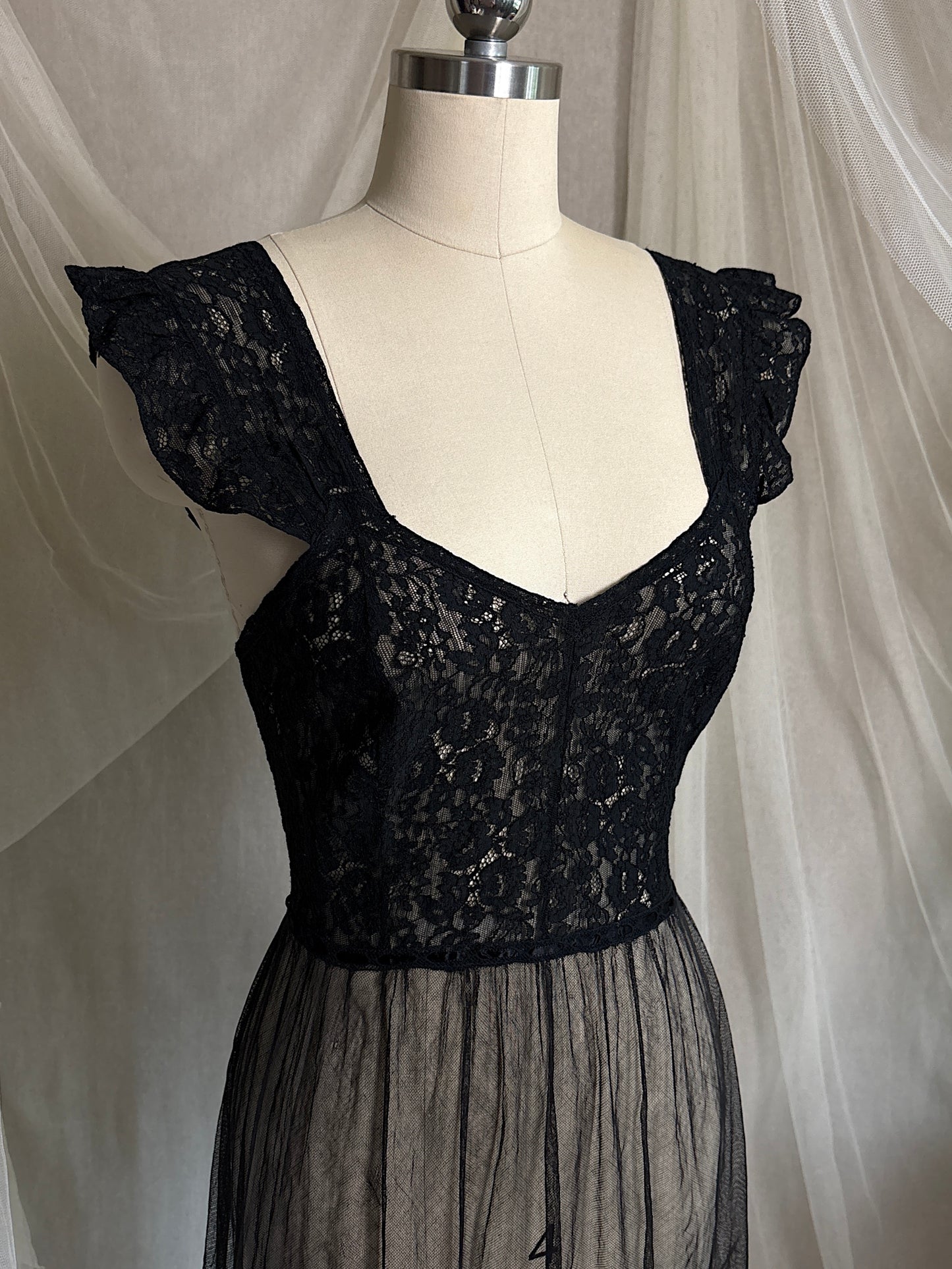 Vintage 1940's Nightgown - Sheer Black Cotton Tulle with Floral Lace & Button Back Closure by Beau Monde | XS, S