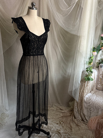 Vintage 1940's Nightgown - Sheer Black Cotton Tulle with Floral Lace & Button Back Closure by Beau Monde | XS, S