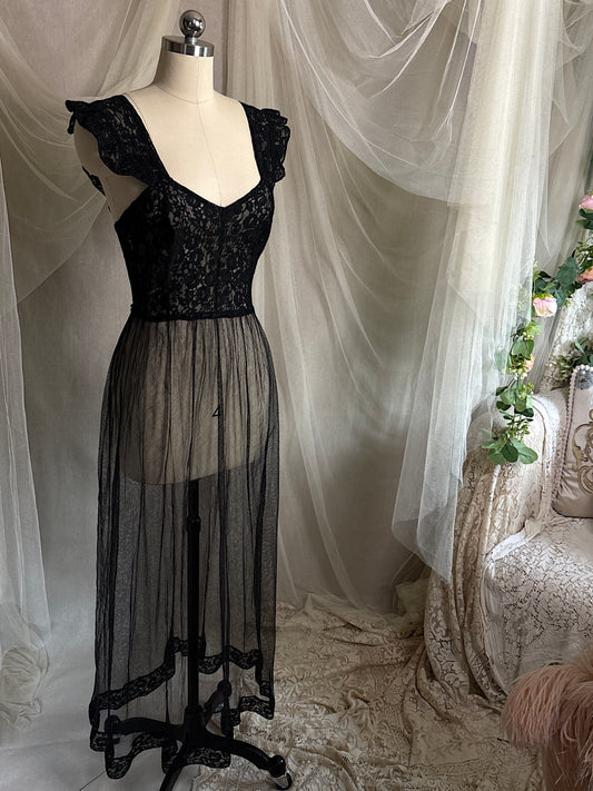 Vintage 1940's Nightgown - Sheer Black Cotton Tulle with Floral Lace & Button Back Closure by Beau Monde | XS, S