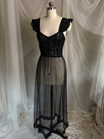 Vintage 1940's Nightgown - Sheer Black Cotton Tulle with Floral Lace & Button Back Closure by Beau Monde | XS, S