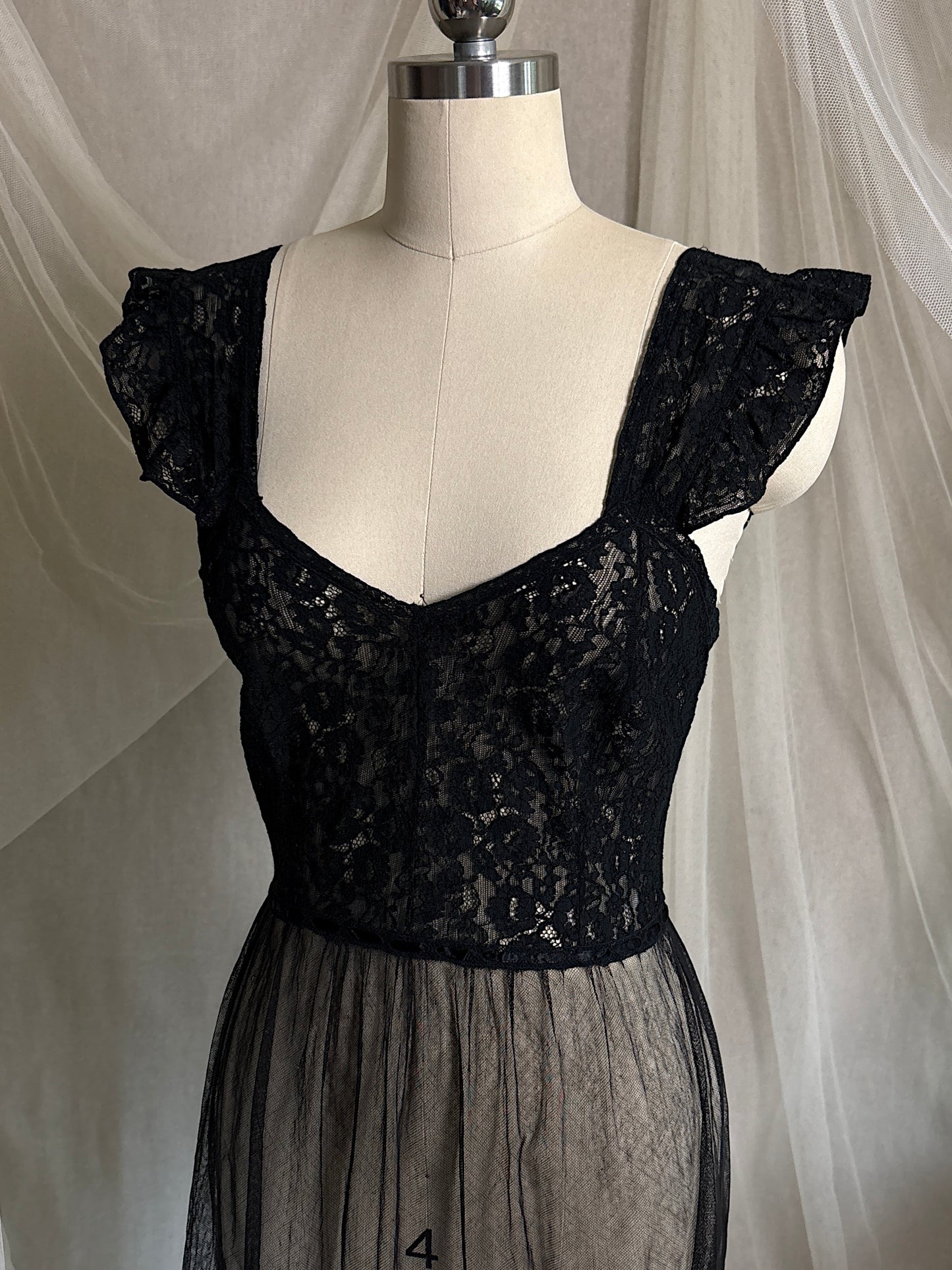 Vintage 1940's Nightgown - Sheer Black Cotton Tulle with Floral Lace & Button Back Closure by Beau Monde | XS, S