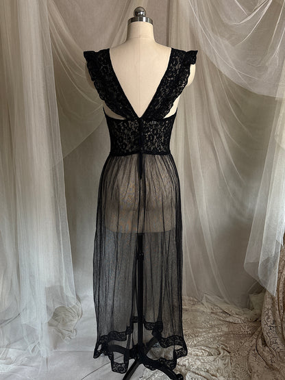 Vintage 1940's Nightgown - Sheer Black Cotton Tulle with Floral Lace & Button Back Closure by Beau Monde | XS, S