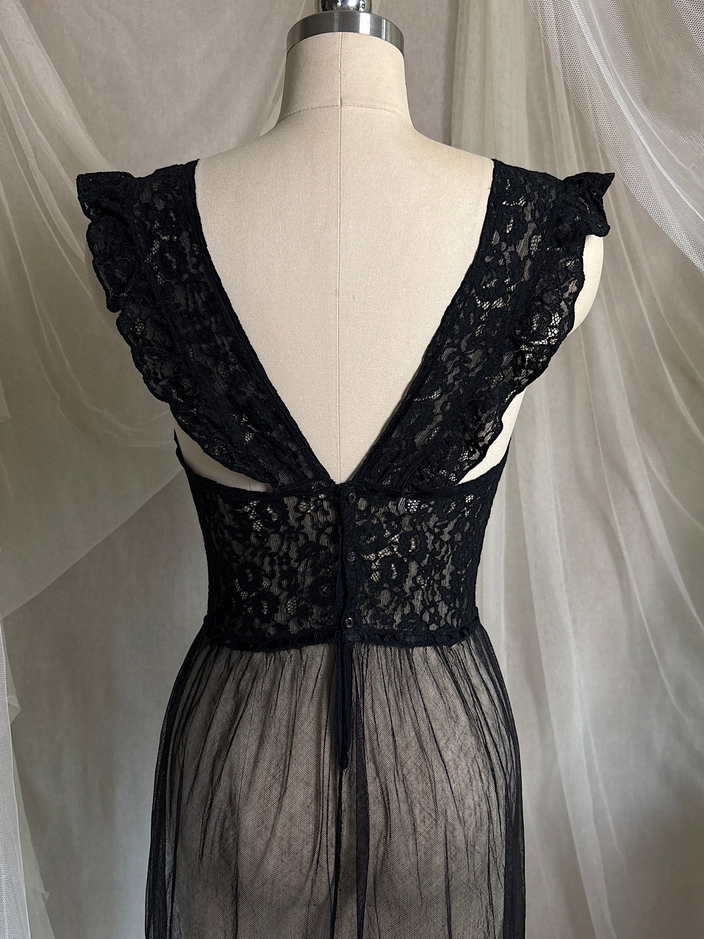 Vintage 1940's Nightgown - Sheer Black Cotton Tulle with Floral Lace & Button Back Closure by Beau Monde | XS, S