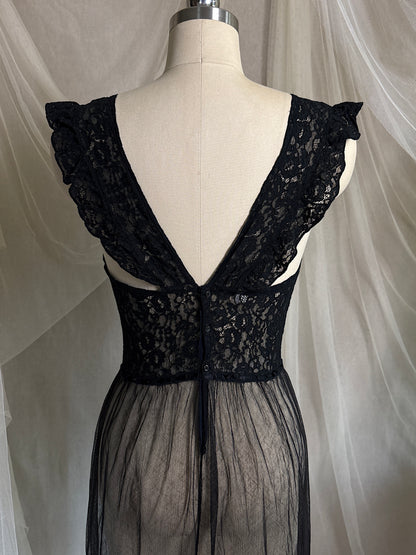 Vintage 1940's Nightgown - Sheer Black Cotton Tulle with Floral Lace & Button Back Closure by Beau Monde | XS, S