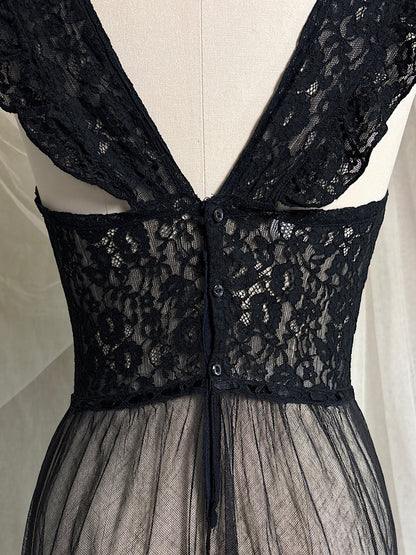 Vintage 1940's Nightgown - Sheer Black Cotton Tulle with Floral Lace & Button Back Closure by Beau Monde | XS, S
