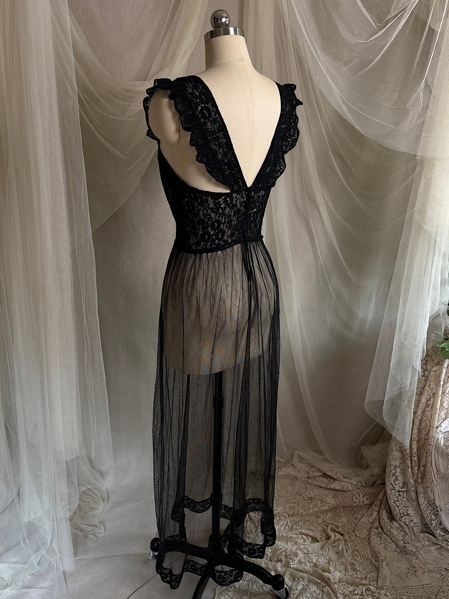 Vintage 1940's Nightgown - Sheer Black Cotton Tulle with Floral Lace & Button Back Closure by Beau Monde | XS, S