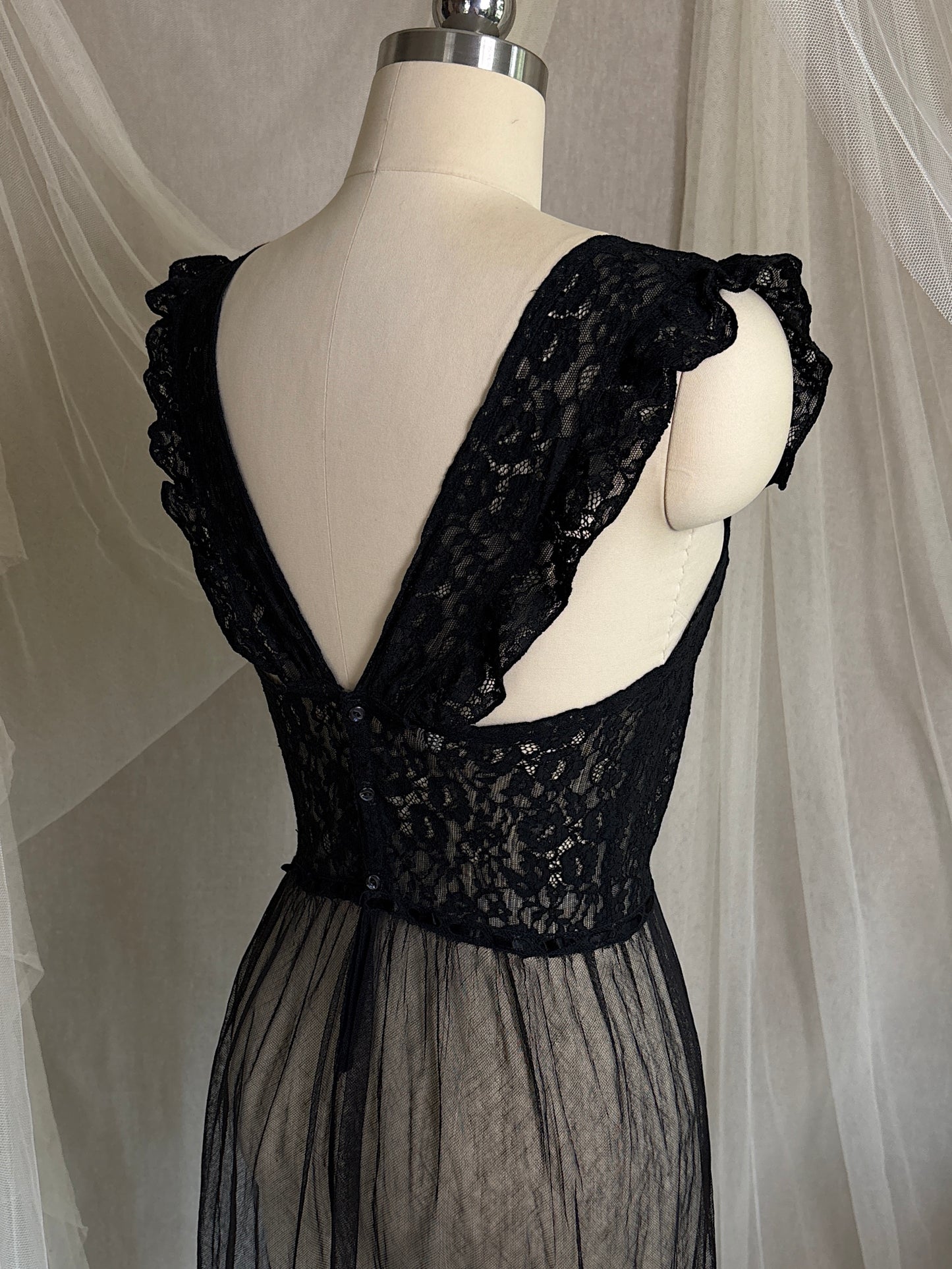 Vintage 1940's Nightgown - Sheer Black Cotton Tulle with Floral Lace & Button Back Closure by Beau Monde | XS, S