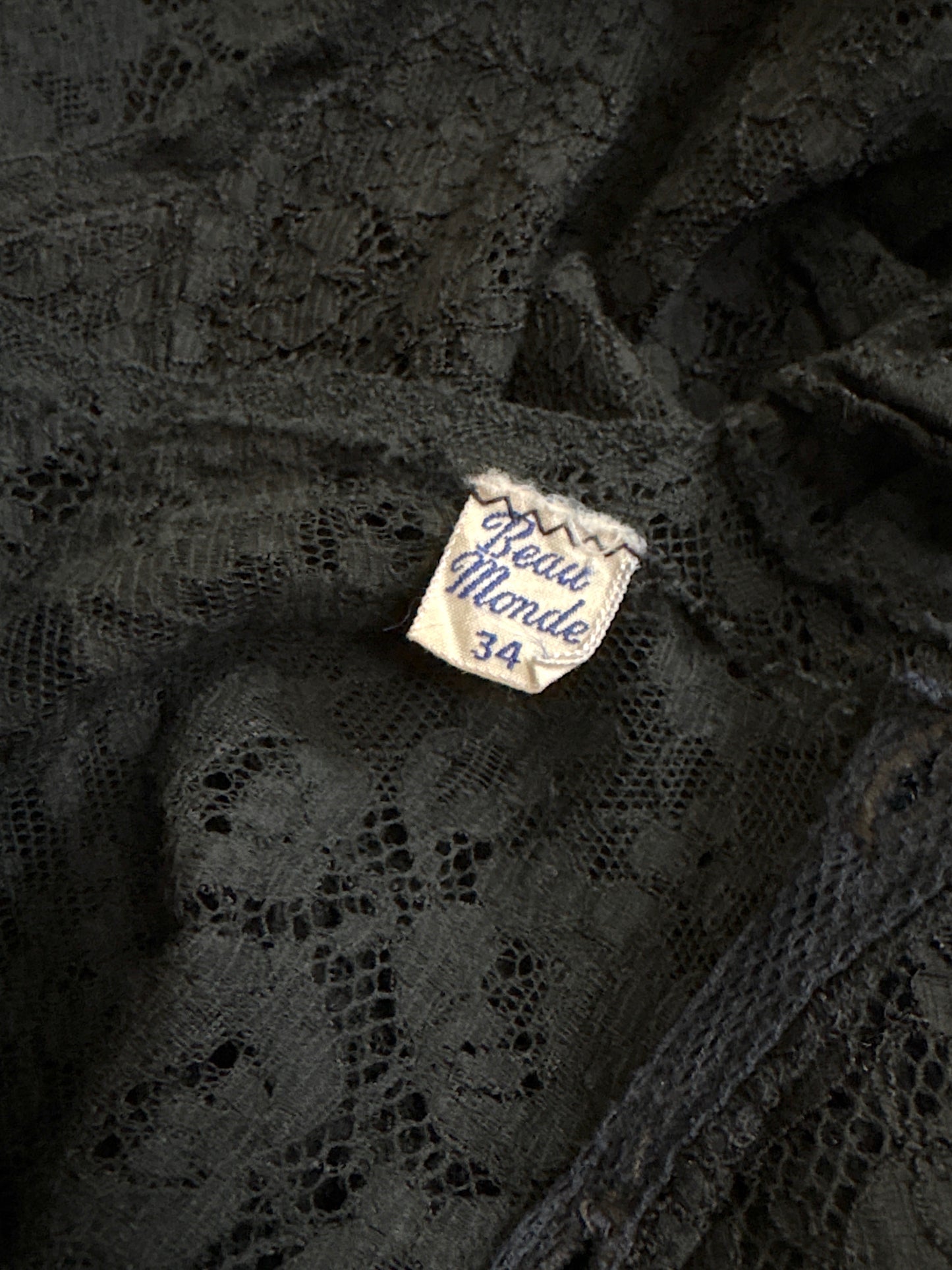 Vintage 1940's Nightgown - Sheer Black Cotton Tulle with Floral Lace & Button Back Closure by Beau Monde | XS, S