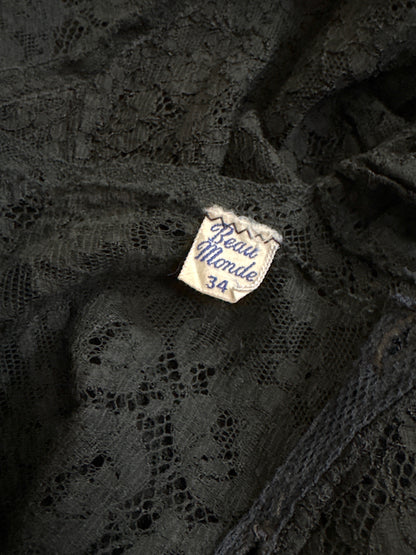 Vintage 1940's Nightgown - Sheer Black Cotton Tulle with Floral Lace & Button Back Closure by Beau Monde | XS, S