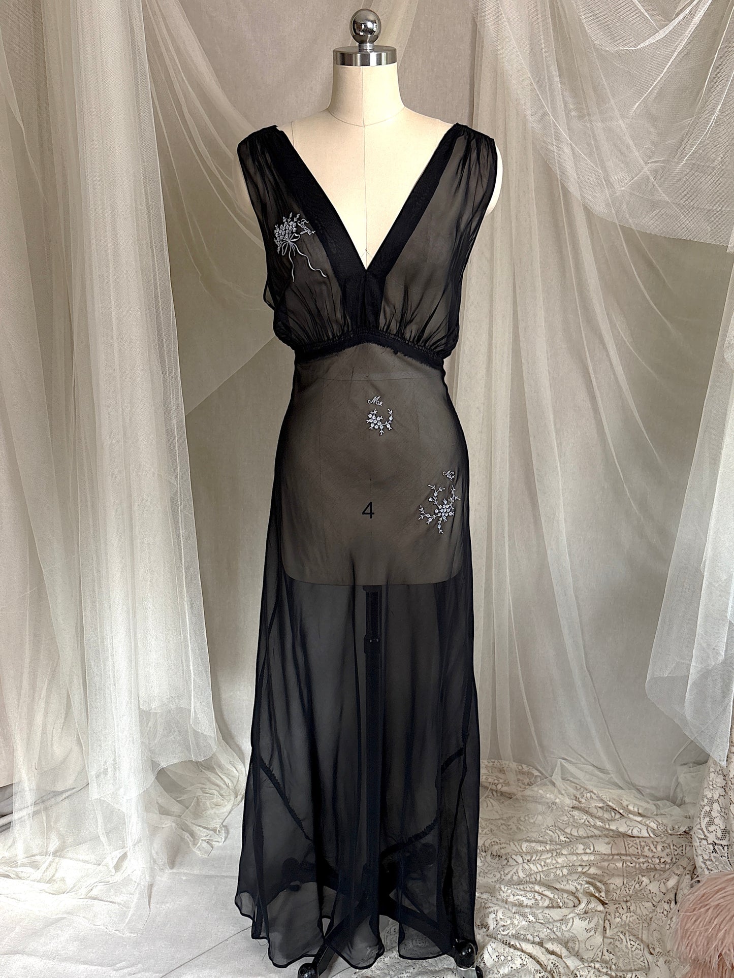 Vintage 1940's Nightgown - Sheer Black Rayon Chiffon with Ice Blue 'Forget Me Not' Embroidery by Ro Jene | M, LG