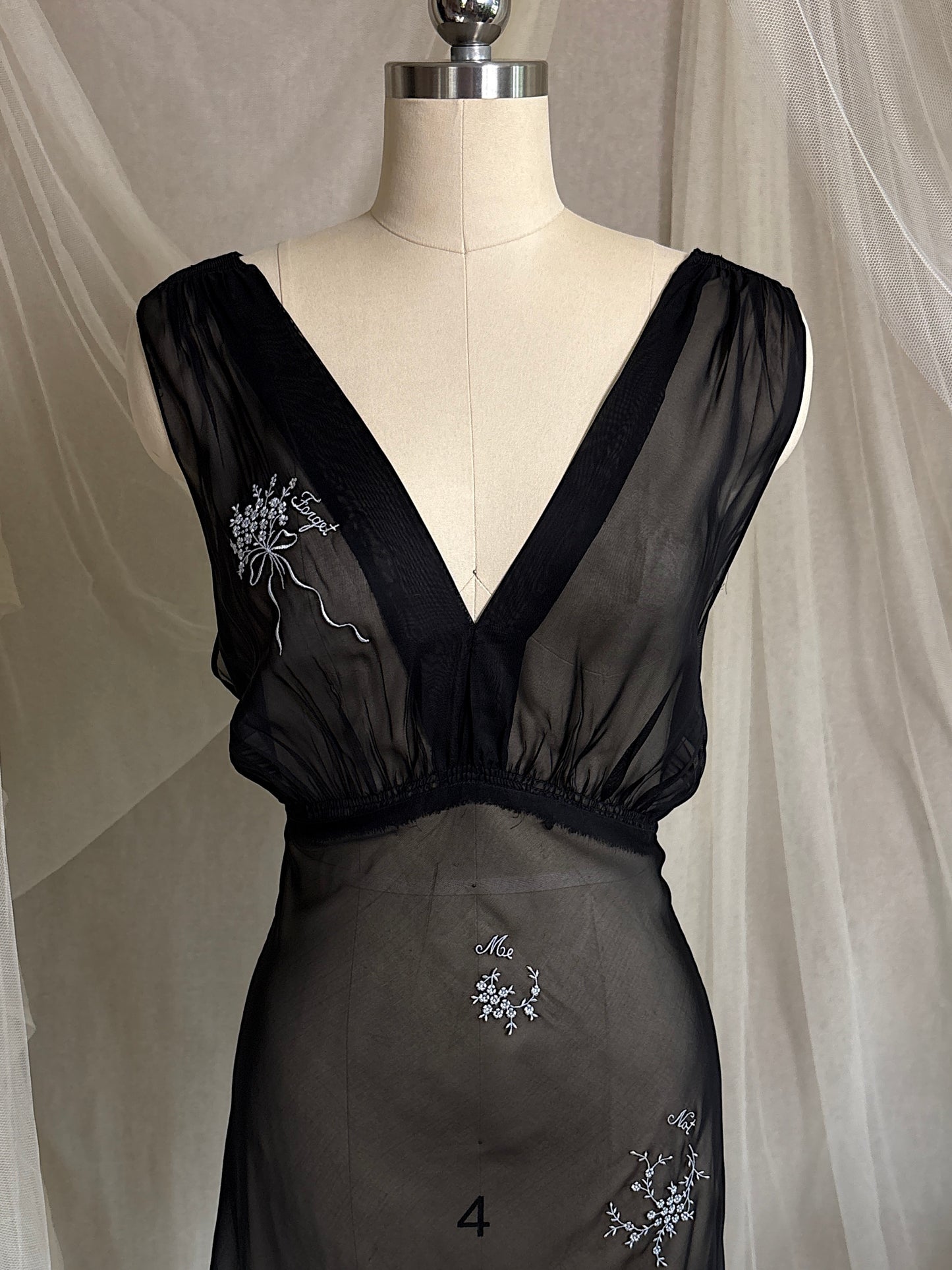 Vintage 1940's Nightgown - Sheer Black Rayon Chiffon with Ice Blue 'Forget Me Not' Embroidery by Ro Jene | M, LG