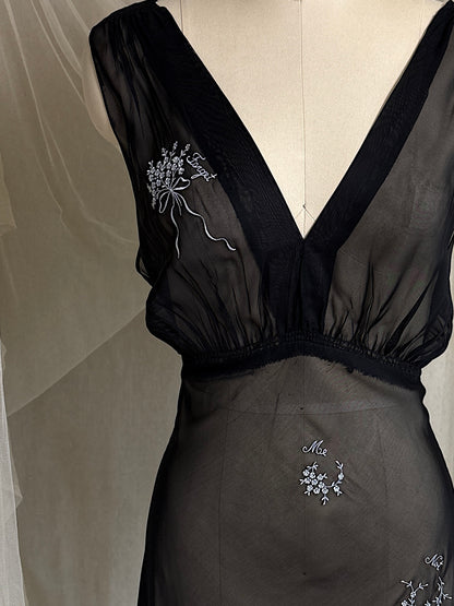 Vintage 1940's Nightgown - Sheer Black Rayon Chiffon with Ice Blue 'Forget Me Not' Embroidery by Ro Jene | M, LG