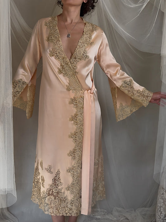 Antique 1920's Dressing Gown - Light Rose Pink Silk Satin with Gold Alençon Lace | S, M