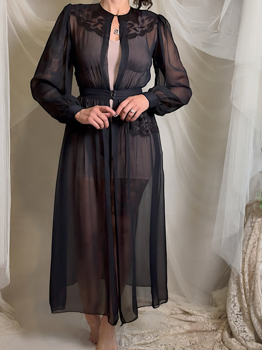 Vintage 1940's Dressing Gown - Sheer Black Rayon Chiffon with Satin Appliqués | S