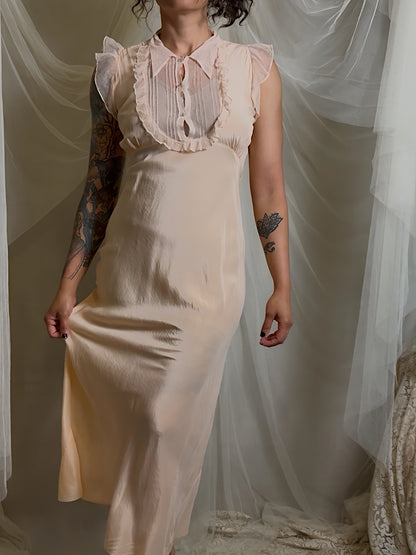 Vintage 1930's Nightgown - Palest Peach Silk Crepe with Ruffled Cotton Tulle | M, LG