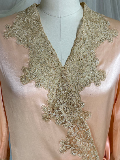 Antique 1920's Dressing Gown - Light Rose Pink Silk Satin with Gold Alençon Lace | S, M