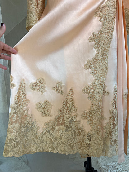 Antique 1920's Dressing Gown - Light Rose Pink Silk Satin with Gold Alençon Lace | S, M
