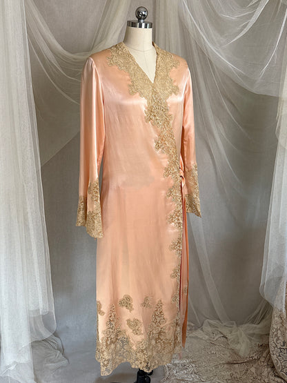 Antique 1920's Dressing Gown - Light Rose Pink Silk Satin with Gold Alençon Lace | S, M