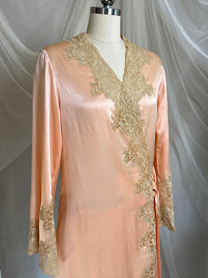 Antique 1920's Dressing Gown - Light Rose Pink Silk Satin with Gold Alençon Lace | S, M