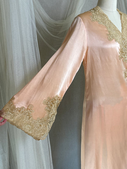Antique 1920's Dressing Gown - Light Rose Pink Silk Satin with Gold Alençon Lace | S, M
