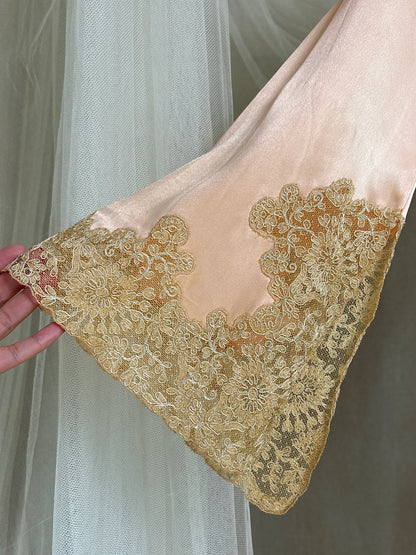 Antique 1920's Dressing Gown - Light Rose Pink Silk Satin with Gold Alençon Lace | S, M