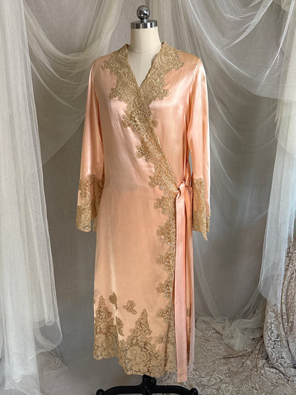 Antique 1920's Dressing Gown - Light Rose Pink Silk Satin with Gold Alençon Lace | S, M