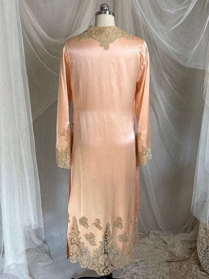 Antique 1920's Dressing Gown - Light Rose Pink Silk Satin with Gold Alençon Lace | S, M