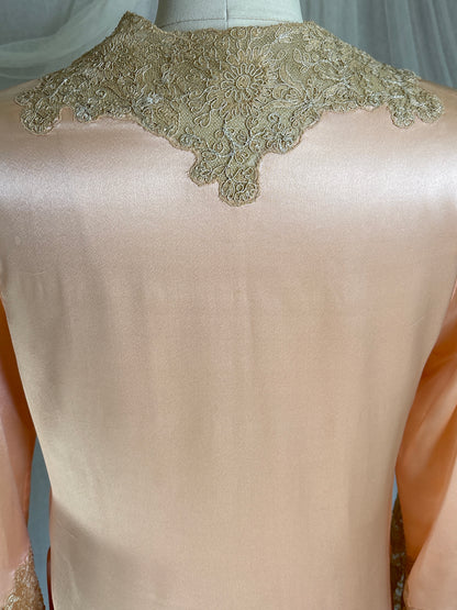 Antique 1920's Dressing Gown - Light Rose Pink Silk Satin with Gold Alençon Lace | S, M