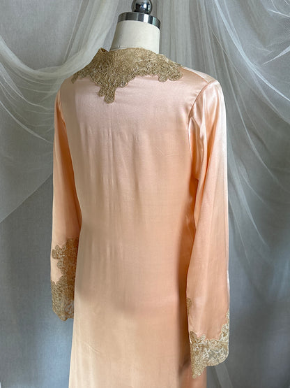 Antique 1920's Dressing Gown - Light Rose Pink Silk Satin with Gold Alençon Lace | S, M