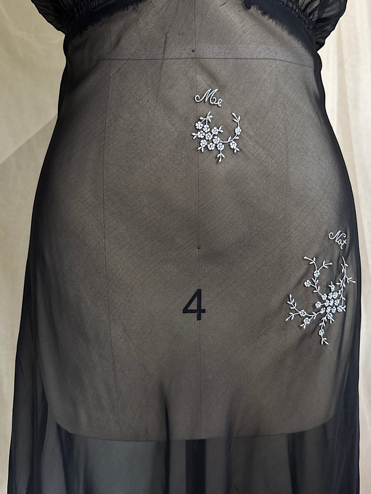 Vintage 1940's Nightgown - Sheer Black Rayon Chiffon with Ice Blue 'Forget Me Not' Embroidery by Ro Jene | M, LG