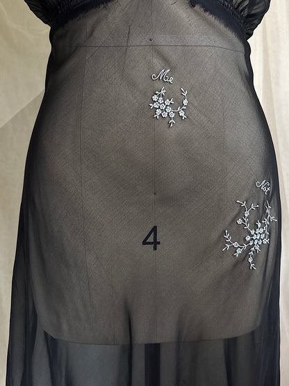 Vintage 1940's Nightgown - Sheer Black Rayon Chiffon with Ice Blue 'Forget Me Not' Embroidery by Ro Jene | M, LG