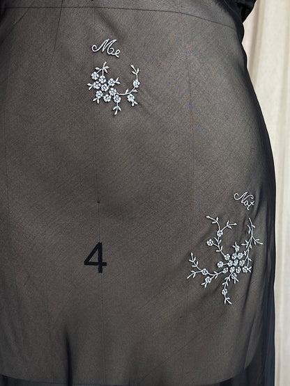 Vintage 1940's Nightgown - Sheer Black Rayon Chiffon with Ice Blue 'Forget Me Not' Embroidery by Ro Jene | M, LG