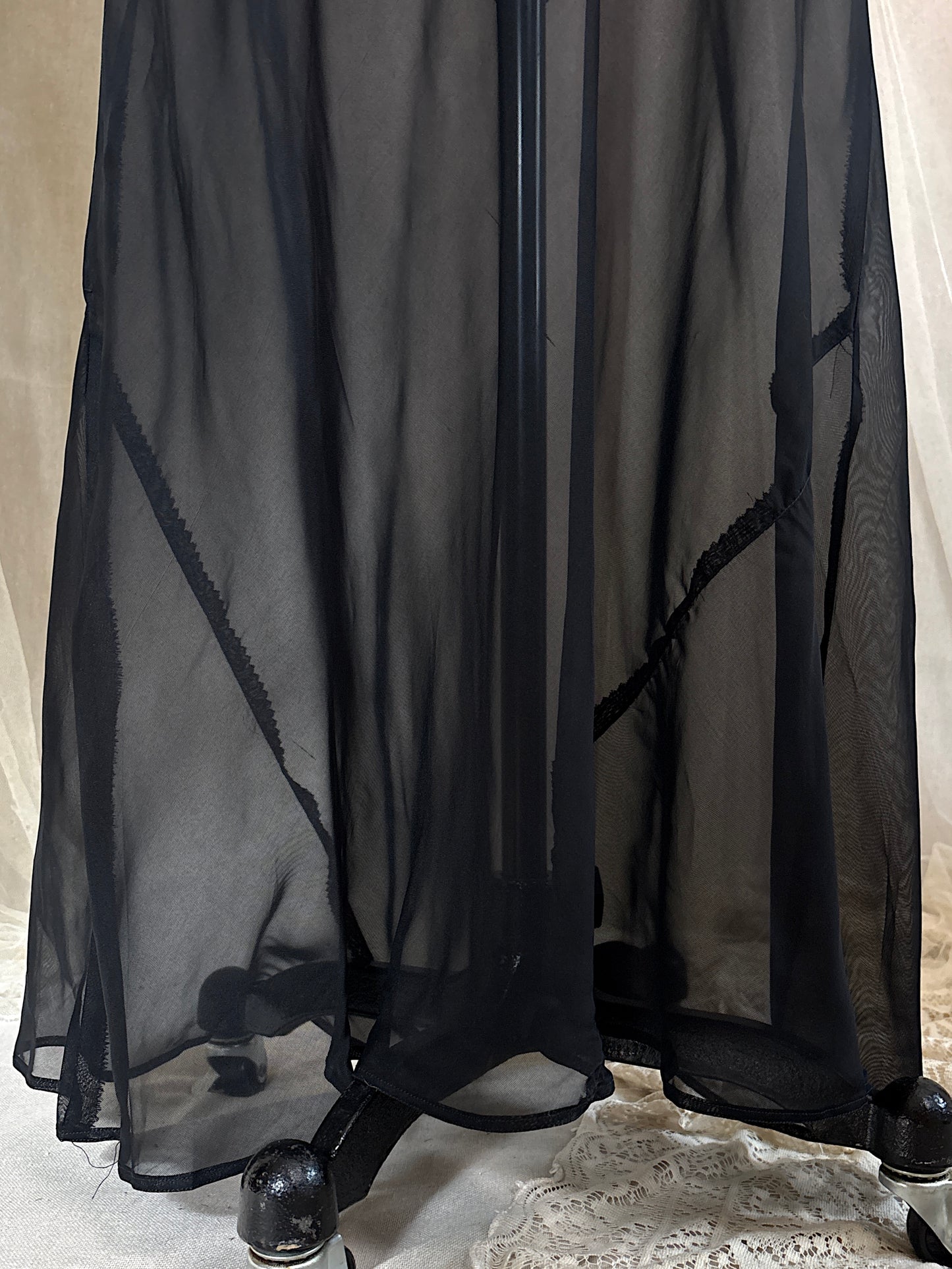 Vintage 1940's Nightgown - Sheer Black Rayon Chiffon with Ice Blue 'Forget Me Not' Embroidery by Ro Jene | M, LG