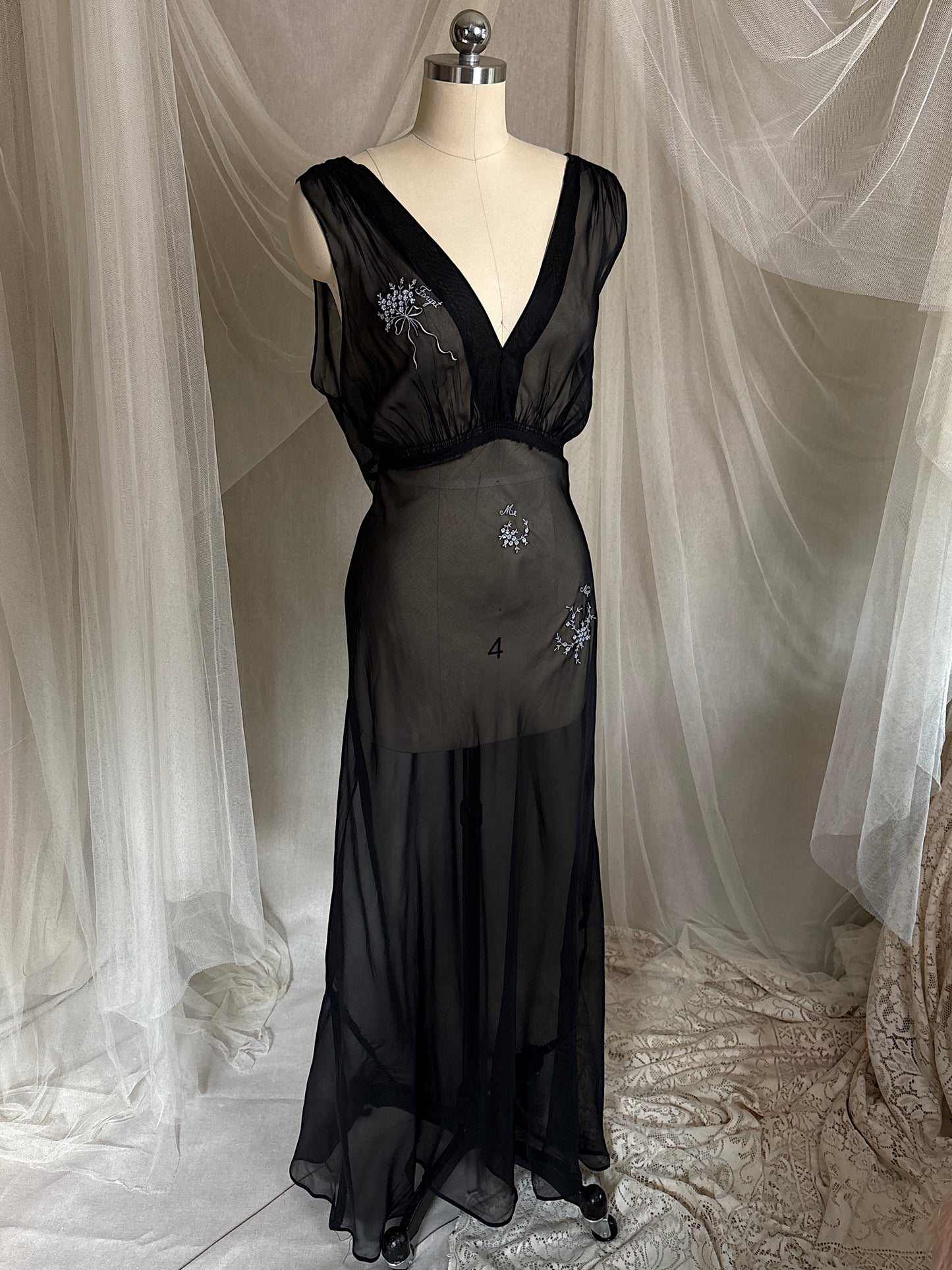 Vintage 1940's Nightgown - Sheer Black Rayon Chiffon with Ice Blue 'Forget Me Not' Embroidery by Ro Jene | M, LG