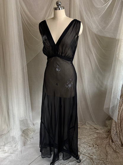 Vintage 1940's Nightgown - Sheer Black Rayon Chiffon with Ice Blue 'Forget Me Not' Embroidery by Ro Jene | M, LG