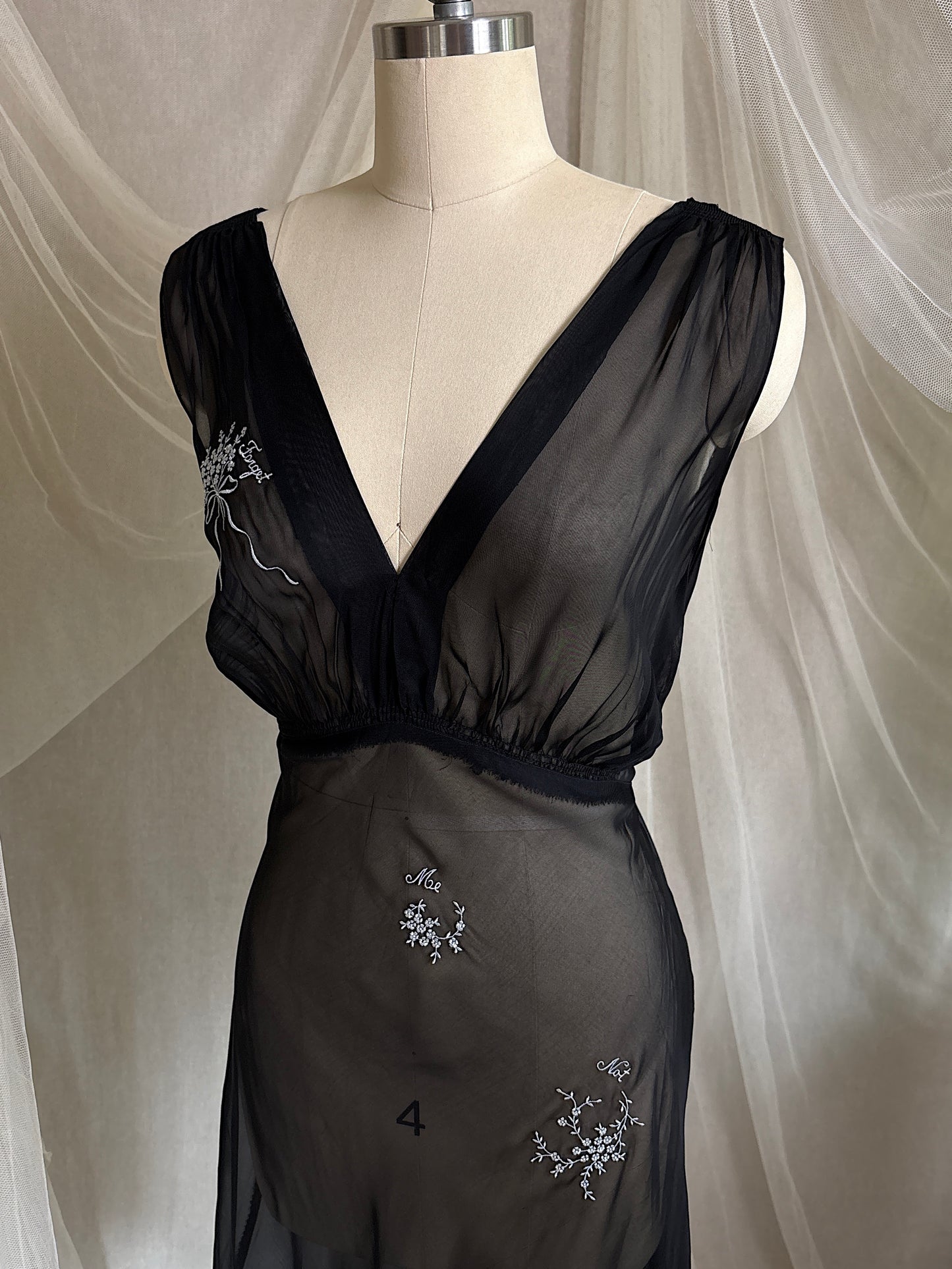 Vintage 1940's Nightgown - Sheer Black Rayon Chiffon with Ice Blue 'Forget Me Not' Embroidery by Ro Jene | M, LG