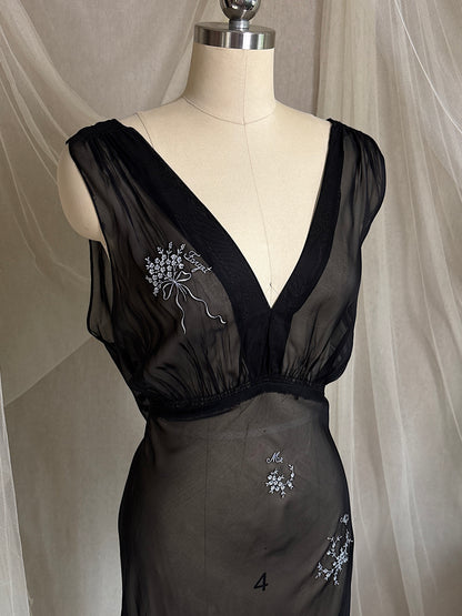 Vintage 1940's Nightgown - Sheer Black Rayon Chiffon with Ice Blue 'Forget Me Not' Embroidery by Ro Jene | M, LG