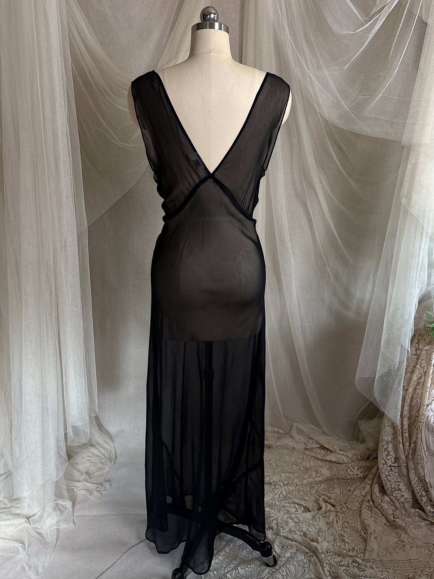 Vintage 1940's Nightgown - Sheer Black Rayon Chiffon with Ice Blue 'Forget Me Not' Embroidery by Ro Jene | M, LG
