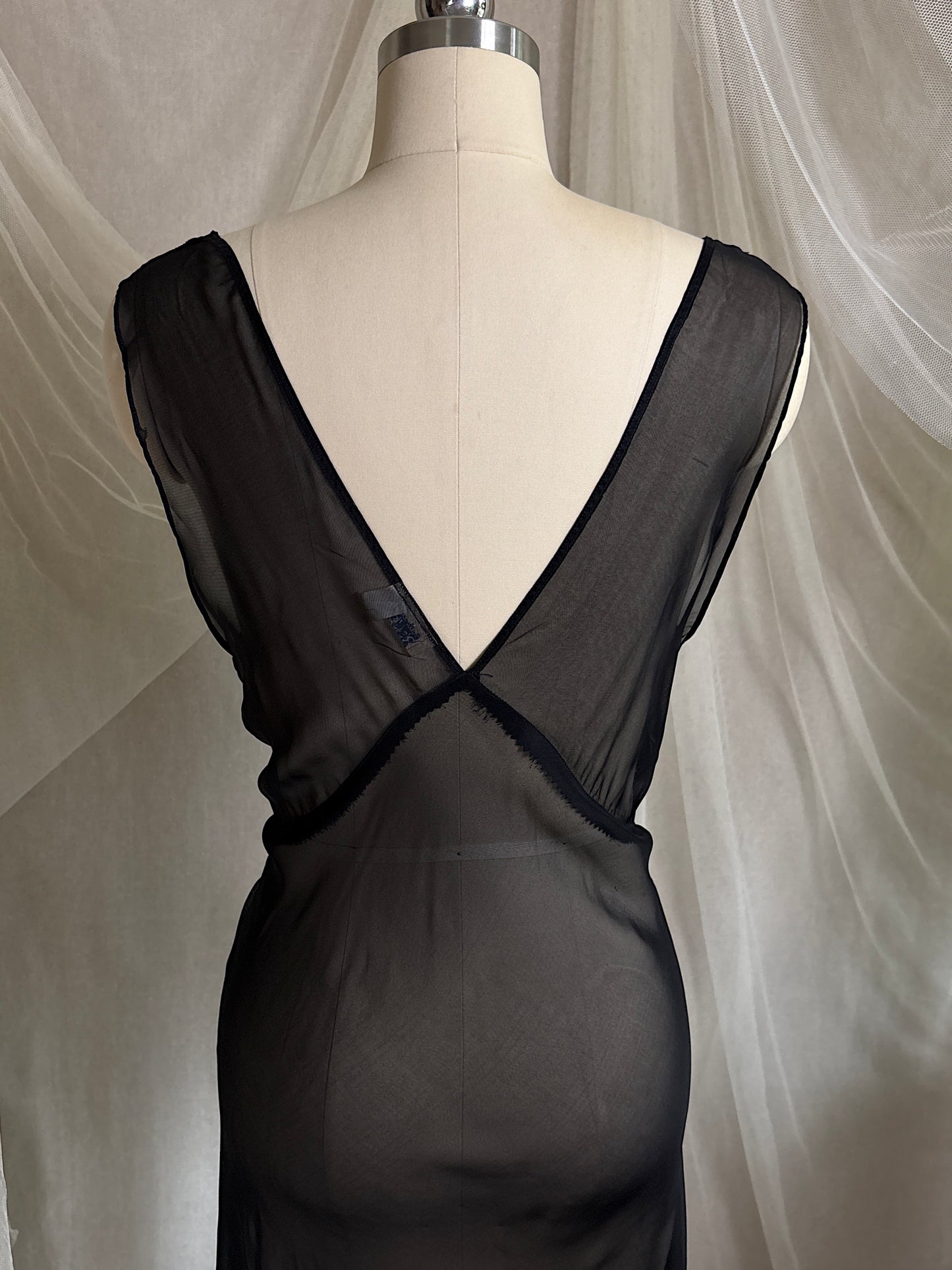 Vintage 1940's Nightgown - Sheer Black Rayon Chiffon with Ice Blue 'Forget Me Not' Embroidery by Ro Jene | M, LG