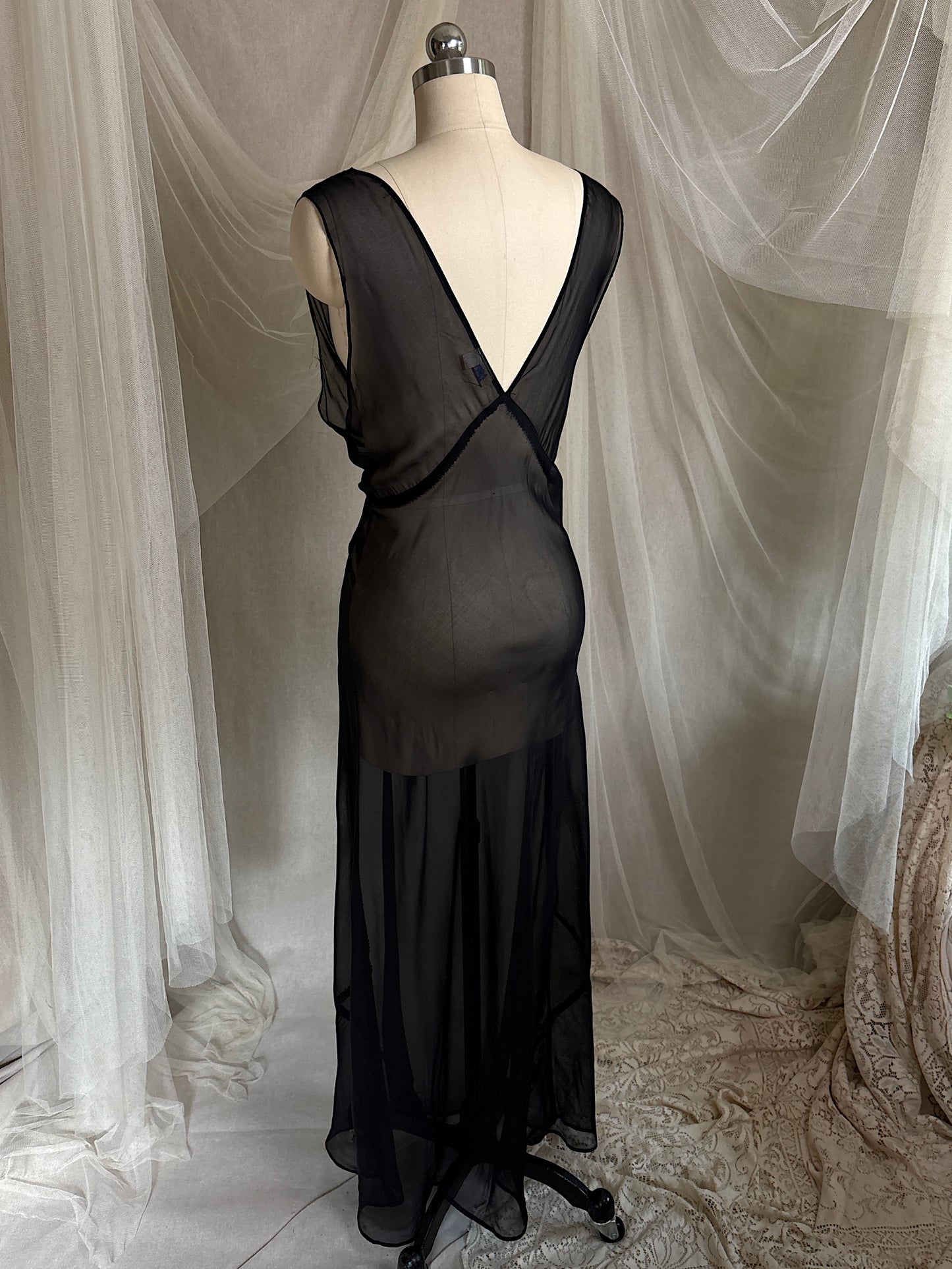 Vintage 1940's Nightgown - Sheer Black Rayon Chiffon with Ice Blue 'Forget Me Not' Embroidery by Ro Jene | M, LG