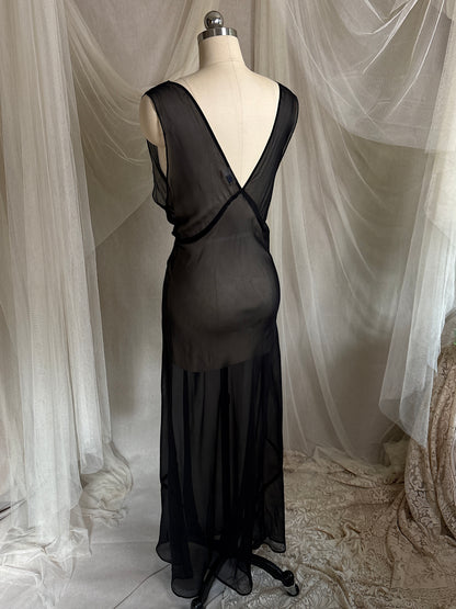 Vintage 1940's Nightgown - Sheer Black Rayon Chiffon with Ice Blue 'Forget Me Not' Embroidery by Ro Jene | M, LG