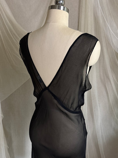 Vintage 1940's Nightgown - Sheer Black Rayon Chiffon with Ice Blue 'Forget Me Not' Embroidery by Ro Jene | M, LG