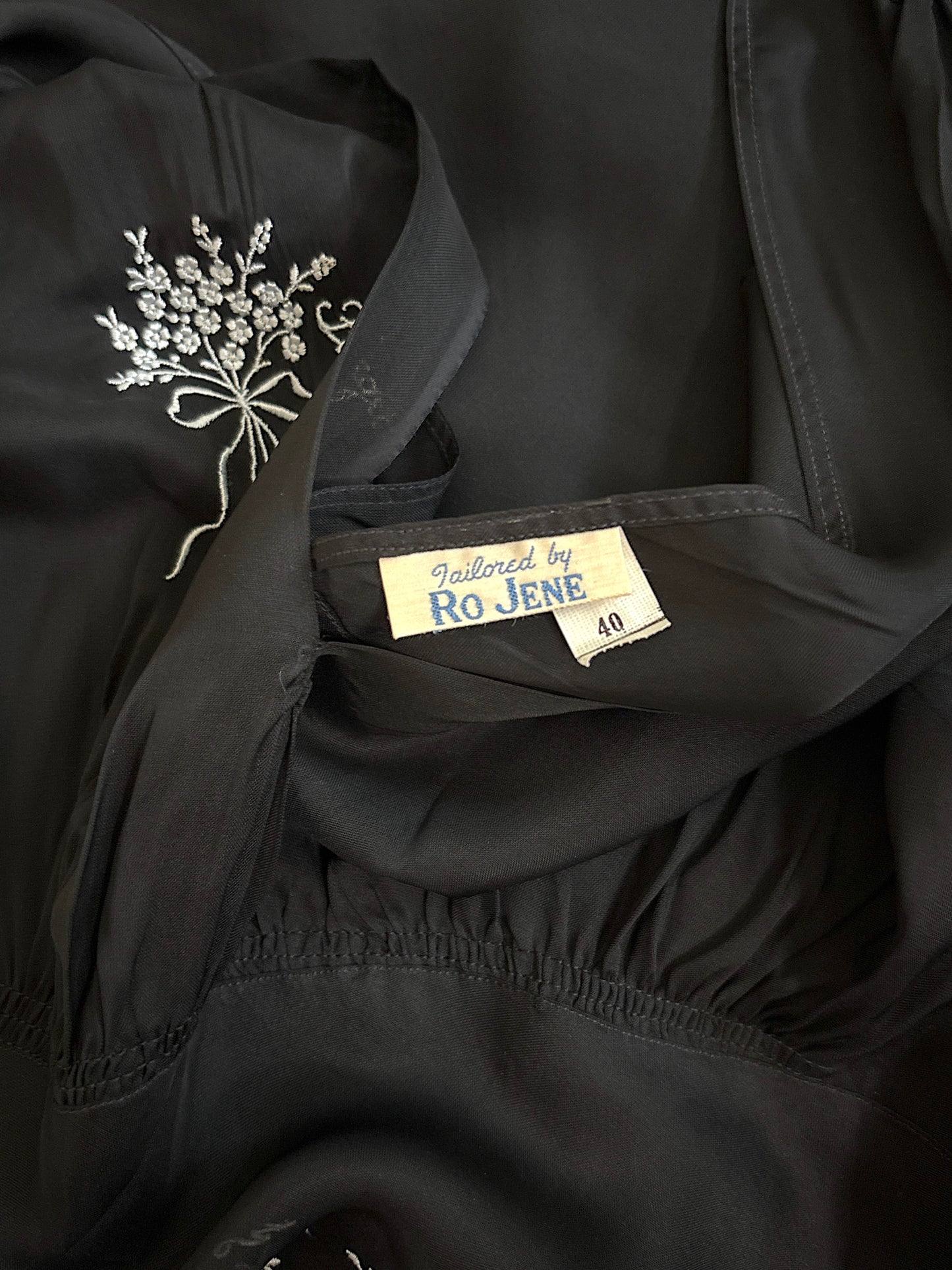 Vintage 1940's Nightgown - Sheer Black Rayon Chiffon with Ice Blue 'Forget Me Not' Embroidery by Ro Jene | M, LG