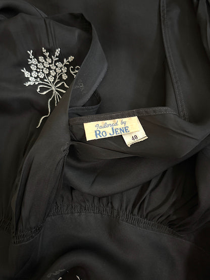 Vintage 1940's Nightgown - Sheer Black Rayon Chiffon with Ice Blue 'Forget Me Not' Embroidery by Ro Jene | M, LG