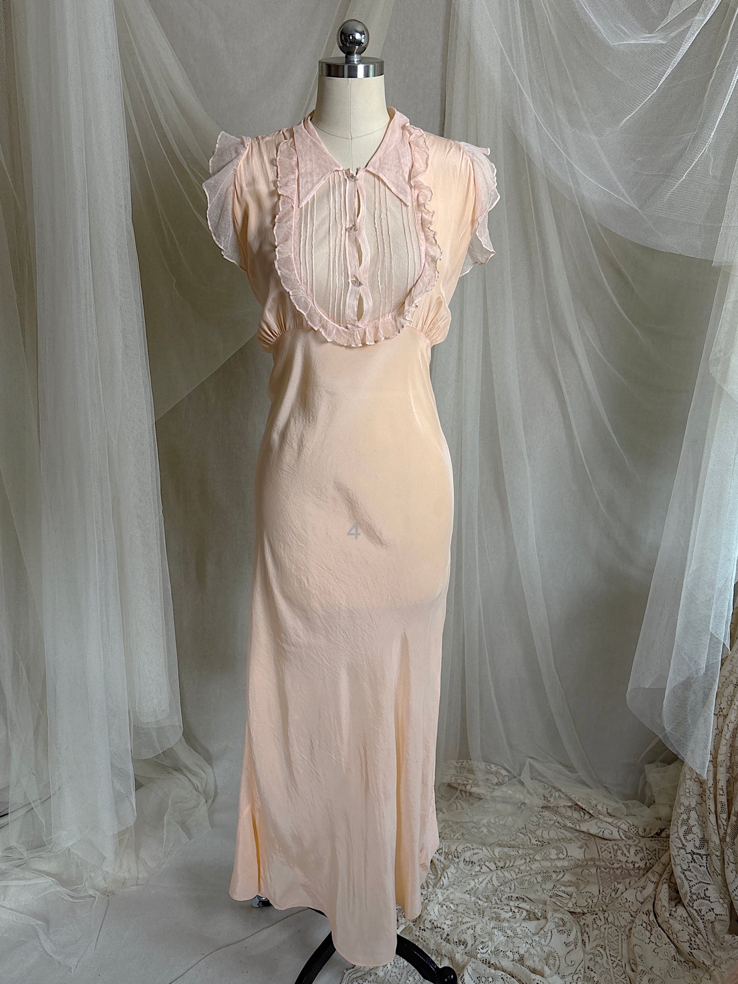 Vintage 1930's Nightgown - Palest Peach Silk Crepe with Ruffled Cotton Tulle | M, LG