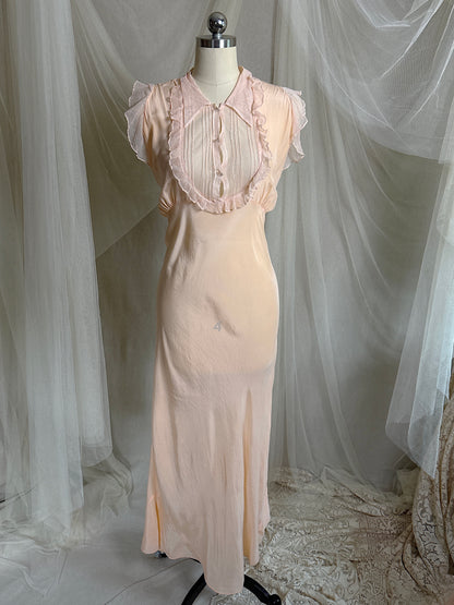 Vintage 1930's Nightgown - Palest Peach Silk Crepe with Ruffled Cotton Tulle | M, LG