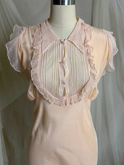 Vintage 1930's Nightgown - Palest Peach Silk Crepe with Ruffled Cotton Tulle | M, LG